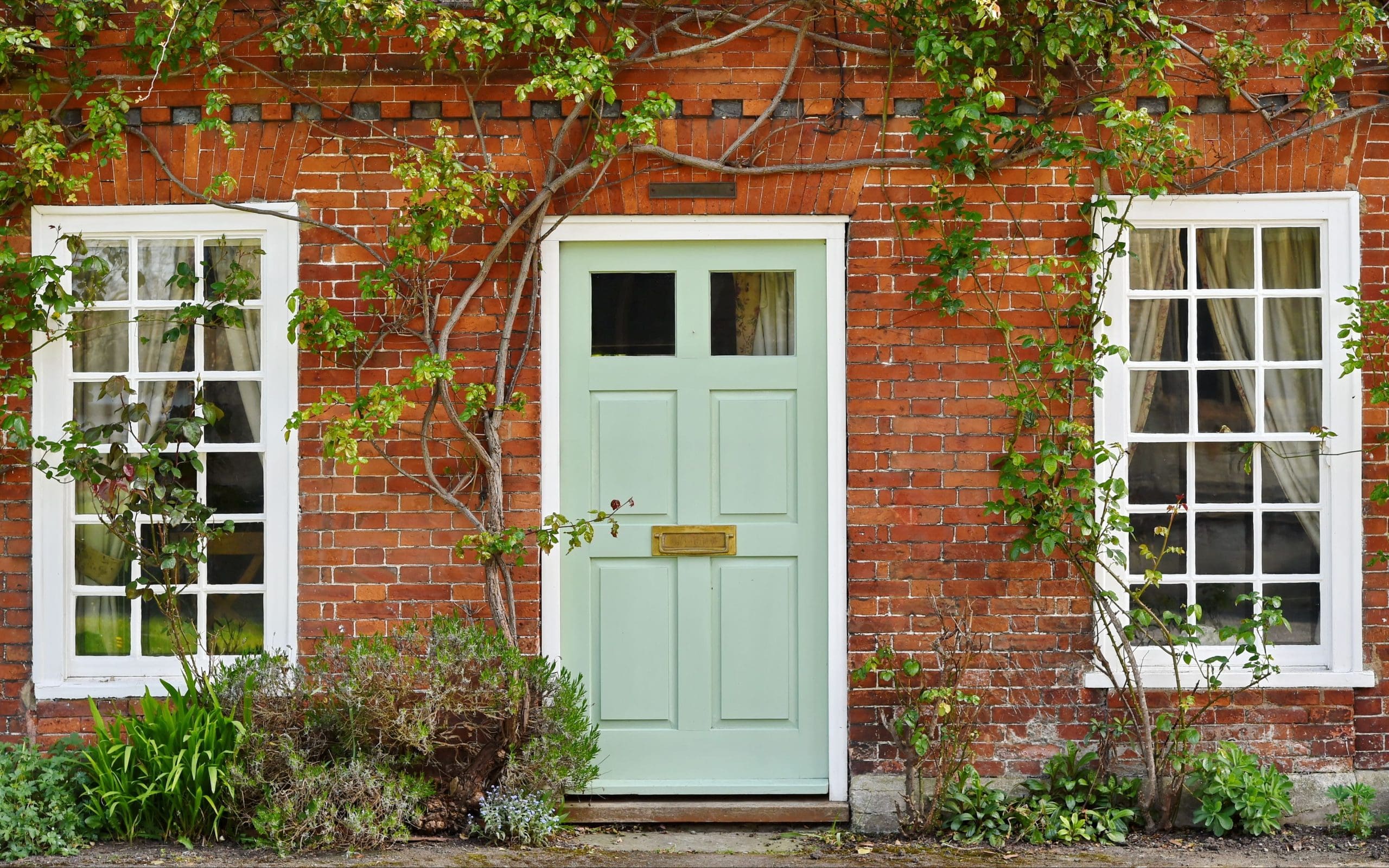 Front door of a traditional brick home with plants and greenery, showing kerb appeal.